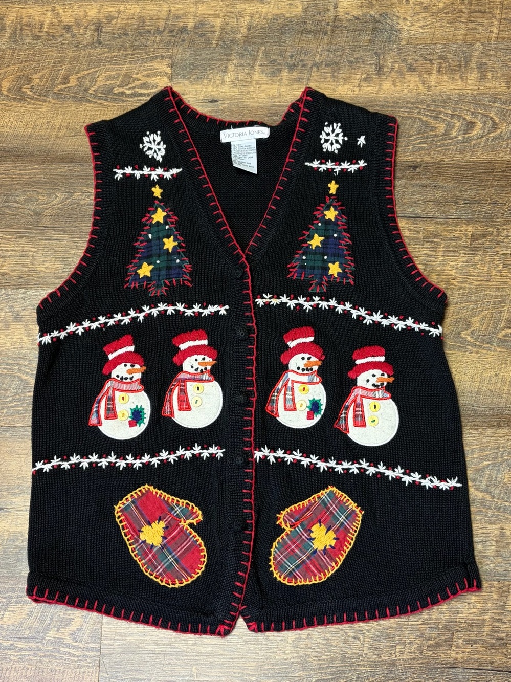 Vintage Victoria Jones Black Sweater Vest Christmas Snowman Embroidered Large